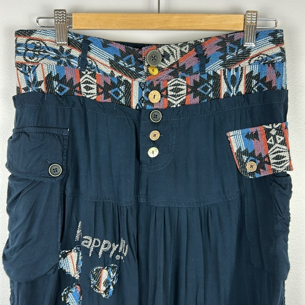 Desigual Aztec Embroidered Knitted Waist Mismatch Buttons Skirt Medium EU 4 Blue - Picture 3 of 13
